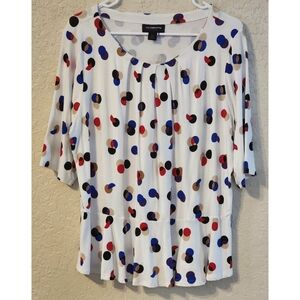 Liz Claiborne Top Off White W/ Blue, Red, Blk, Blue Dots Size XL Super Soft!